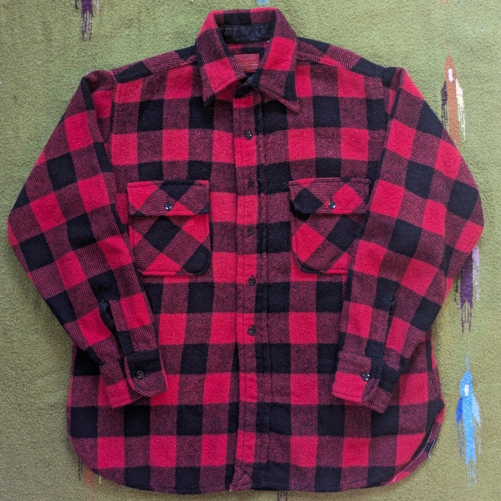 Vintage Wool Plaid Shacket 70s Red Black Flannel Check Button Up Jacket M